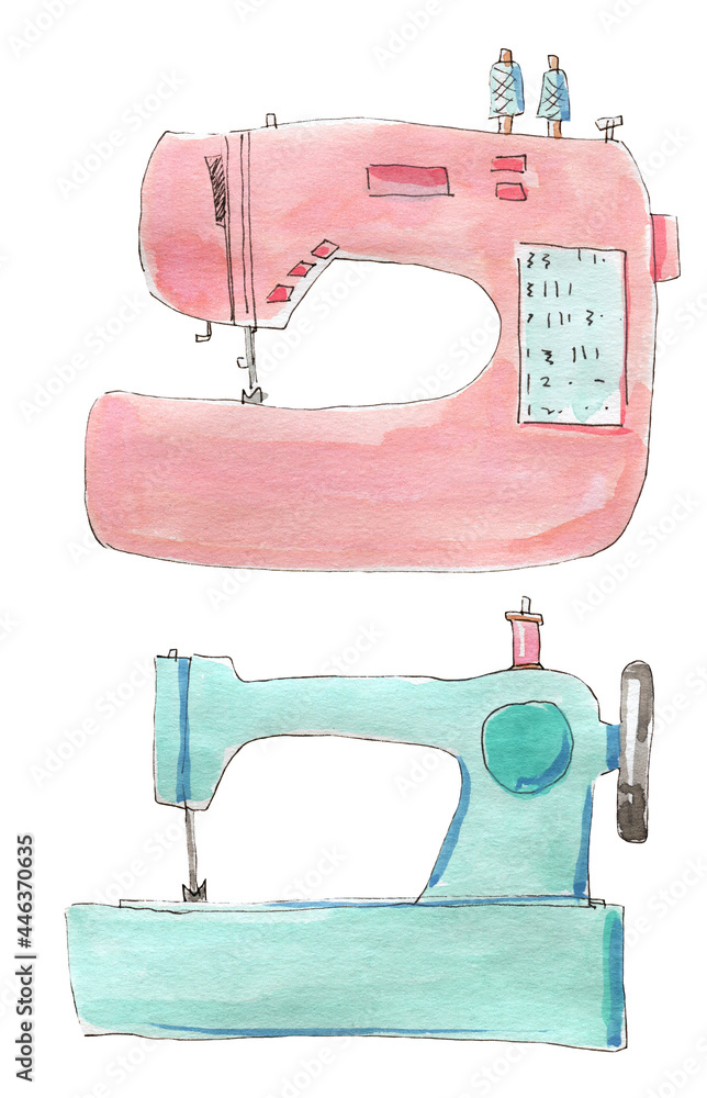 Watercolor illustration set of sewing machines pink and mint color