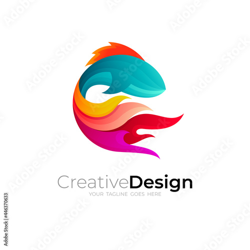 Photography Fish logo with colorful design template, fish and fire icons, 3d logos