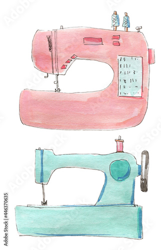 Watercolor illustration set of sewing machines pink and mint color