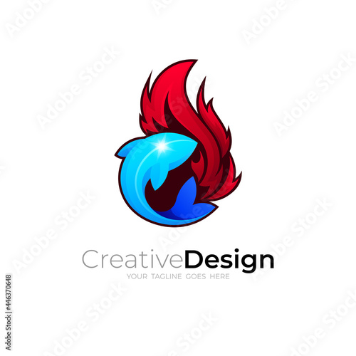 Fish logo with colorful design template  fish and fire icons  3d logos