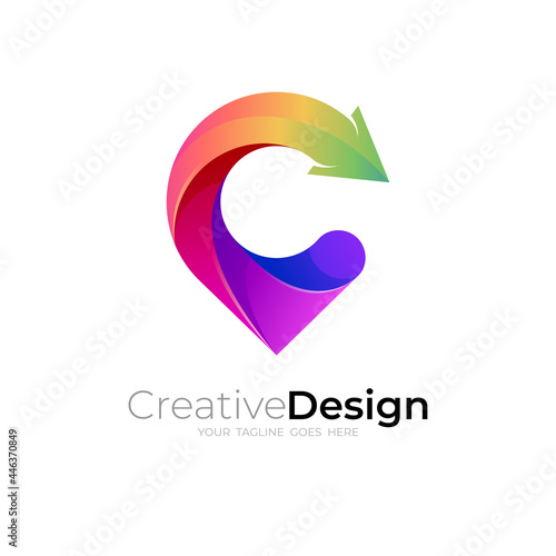 Abstract location logo with colorful design, Letter C logo and arrow