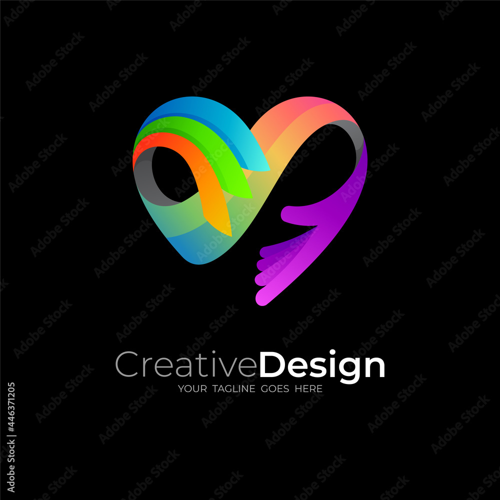 love logo and hand people design community, 3d colorful love logo and hand people design community, 3d colorful