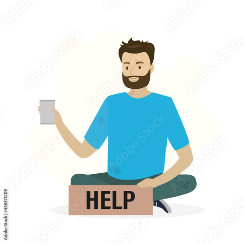 Homeless vagrant man ask for money. Caucasian beggar isolated on white background. Vagabond sitting on floor with donation mug and cardboard.