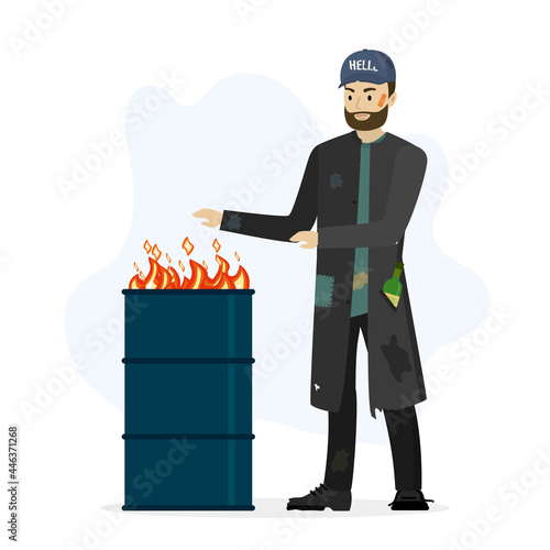 Homeless vagabond man warms hands by fire. Garbage is burning in trash barrel. Sad caucasian beggar isolated on white background.
