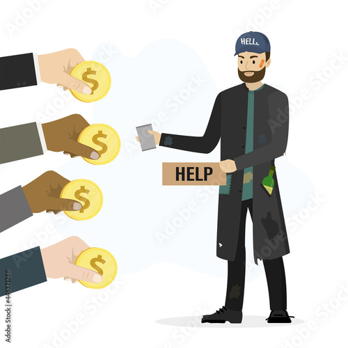 Homeless vagrant man ask for money. Caucasian beggar holds donation mug and cardboard. Various hands give dollar coins. Jobless man need money help.