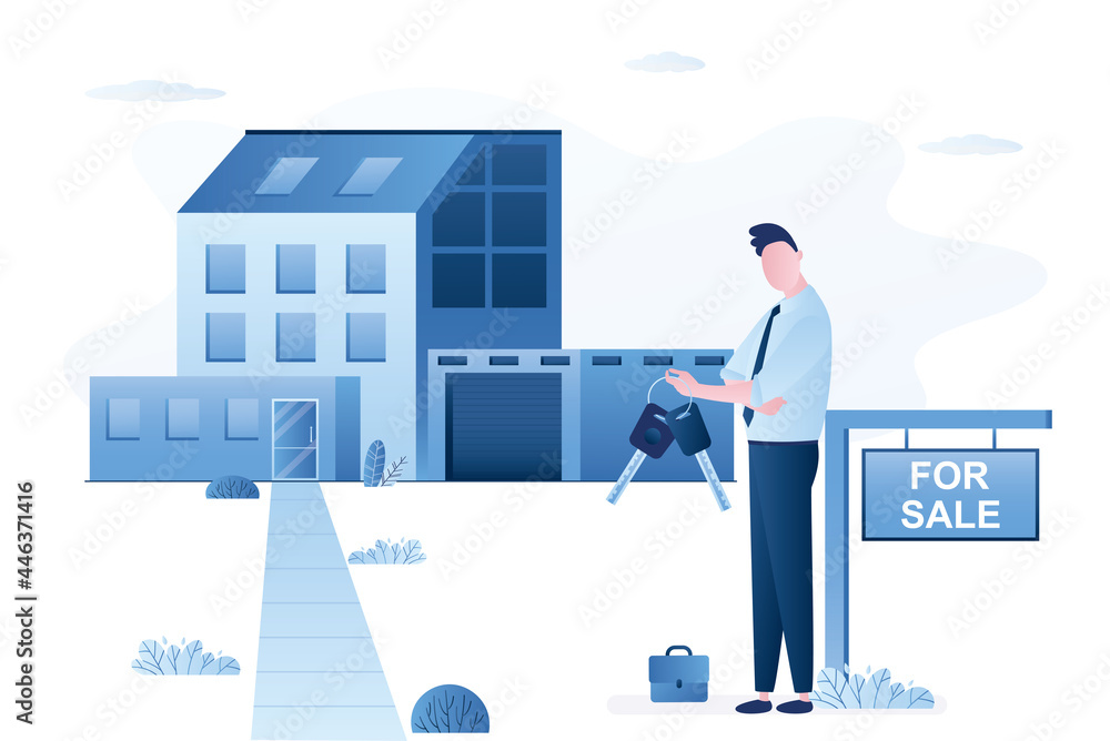 Owner or real estate manager holds big keys. Sale board. Modern house building on background. Property for sale, mortgage, concept banner. Owner or real estate manager holds big keys. Sale board. Modern house building on background. Property for sale, mortgage, concept banner.