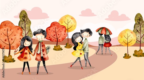 Watercolor autumn landscape and couple banner