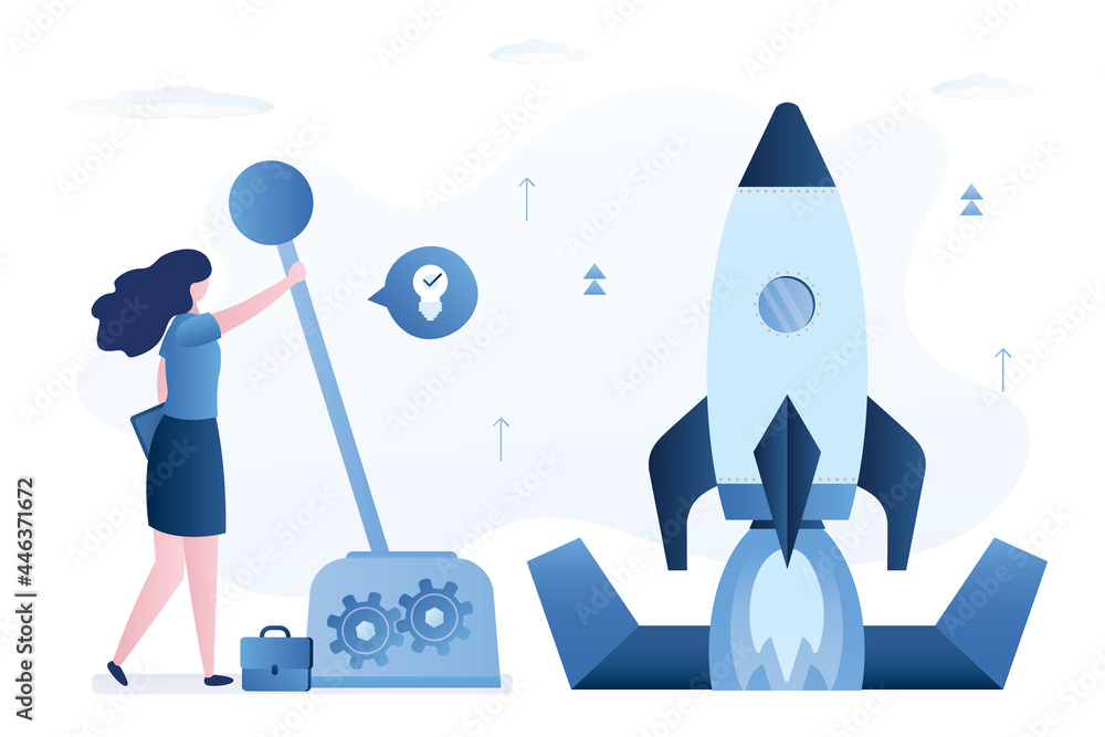 © naum - Businesswoman pulls large lever of mechanism and launching spaceship. Starting new business project. Open hatch, rocket take off, startup concept.