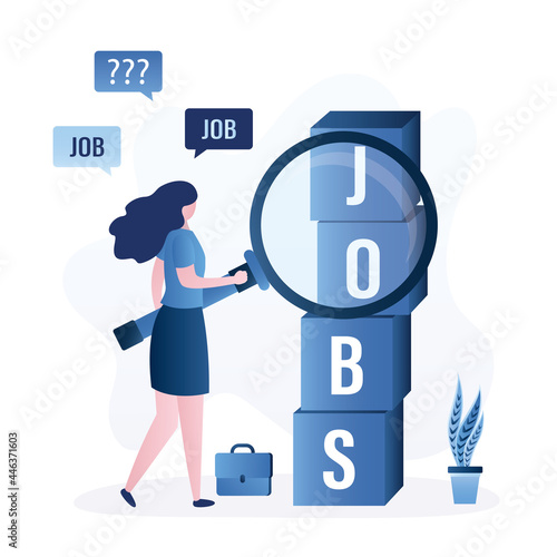 Unemployed woman uses magnifying glass to looking vacancies. Job search. Large cubes with text- jobs. Recruitment concept. Problem of unemployment, jobless manager.