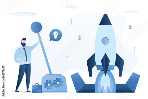 Businessman pulls large lever of mechanism and launching spaceship. Starting new business project. Open hatch, rocket take off, startup concept.