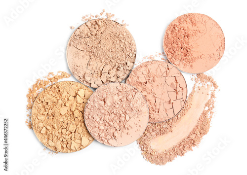 Canvastavla Different face powders and swatch on white background, top view