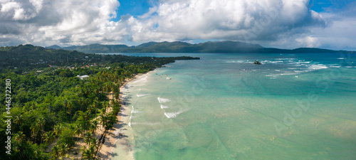 An aerial panorama of the coast near Las Galeras village in Samana province of Dominican Republic
