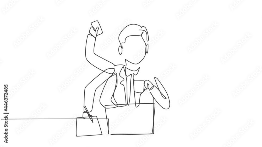 Self drawing animation of single one line draw busy young business man with holding telephone, alarm clock, paper. Business time discipline metaphor concept. Continuous line draw. Full length animated Self drawing animation of single one line draw busy young business man with holding telephone, alarm clock, paper. Business time discipline metaphor concept. Continuous line draw. Full length animated