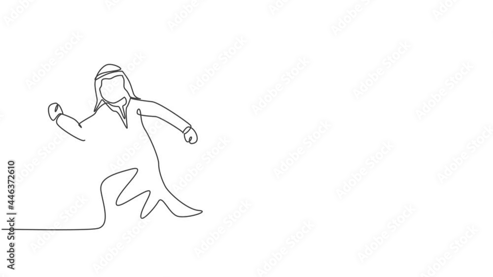 Self drawing of single one line draw young Arabian business man running chased by work deadline. Business time discipline urgency metaphor concept. Continuous line draw. Full length animated. Self drawing of single one line draw young Arabian business man running chased by work deadline. Business time discipline urgency metaphor concept. Continuous line draw. Full length animated.