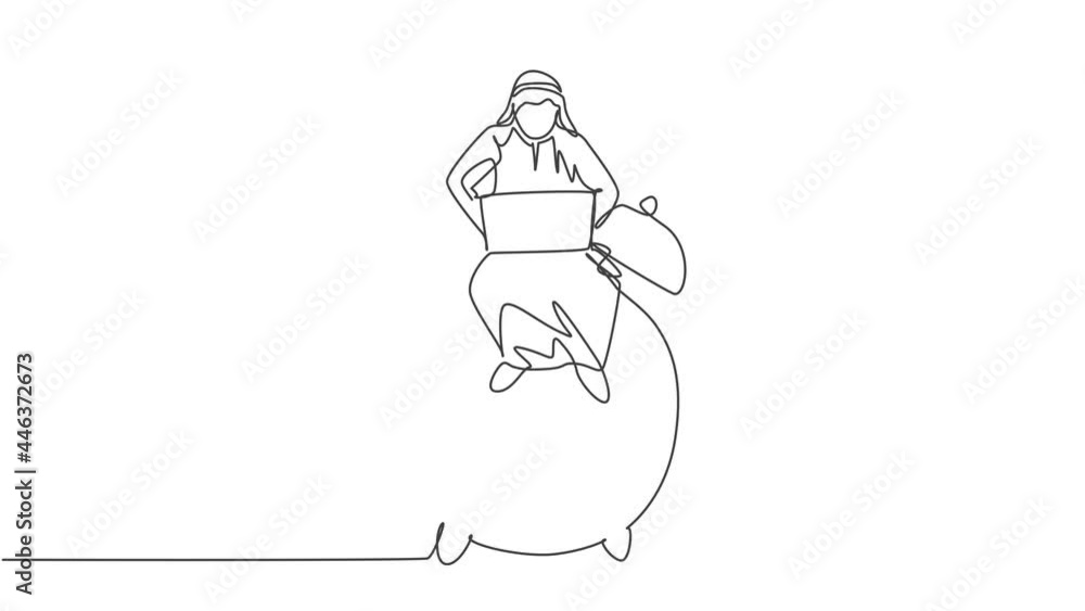 Animated self drawing of single continuous line draw young Arab business man sitting on big analog alarm clock, typing on laptop. Business discipline metaphor concept. Full length one line animation. Animated self drawing of single continuous line draw young Arab business man sitting on big analog alarm clock, typing on laptop. Business discipline metaphor concept. Full length one line animation.