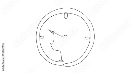 Animated self drawing of continuous one line draw young Arab male worker hanging on clockwise of giant analog clock. Business time discipline metaphor concept. Full length single line animation. photo