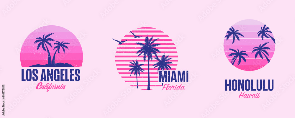 Naklejka premium Tshirt template graphics with palms and sunset, Good vibes in Miami, Los Angeles and Honolulu ,Summer Designs 