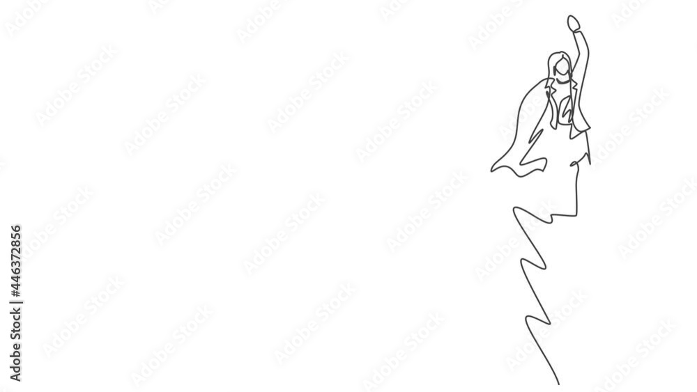 Animated self drawing of continuous one line draw woman worker flying high into the sky to reach big goals. Big vision of business target minimalist concept. Full length single line animation. Animated self drawing of continuous one line draw woman worker flying high into the sky to reach big goals. Big vision of business target minimalist concept. Full length single line animation.