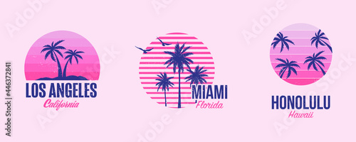 Tshirt template graphics with palms and sunset, Good vibes in Miami, Los Angeles and Honolulu ,Summer Designs 