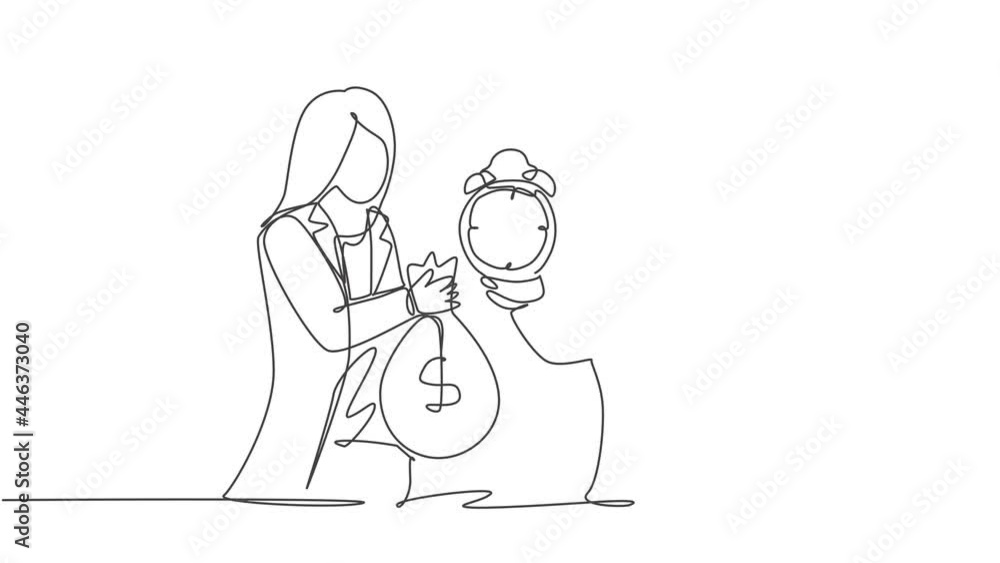 Animated self drawing of single continuous line draw two young business woman exchange money bag, analog alarm clock. Professional manager. Minimalism metaphor concept. Full length one line animation. Animated self drawing of single continuous line draw two young business woman exchange money bag, analog alarm clock. Professional manager. Minimalism metaphor concept. Full length one line animation.
