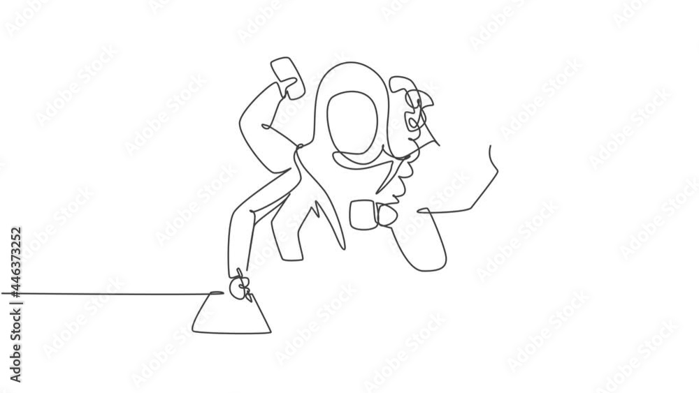 Animated self drawing of continuous one line draw young Arab female worker with holding telephone, alarm clock, paper. Business time discipline metaphor concept. Full length single line animation. Animated self drawing of continuous one line draw young Arab female worker with holding telephone, alarm clock, paper. Business time discipline metaphor concept. Full length single line animation.