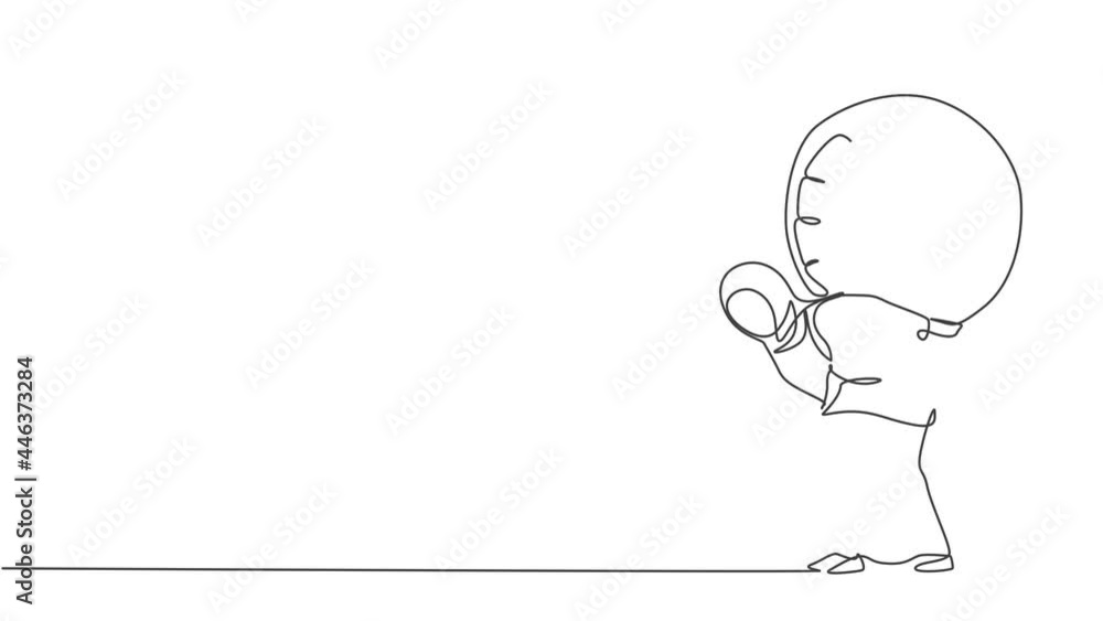 Self drawing animation of single one line draw young Arabian business woman shouldered heavy big analog clock her back. Business discipline metaphor concept. Continuous line draw. Full length animated Self drawing animation of single one line draw young Arabian business woman shouldered heavy big analog clock her back. Business discipline metaphor concept. Continuous line draw. Full length animated
