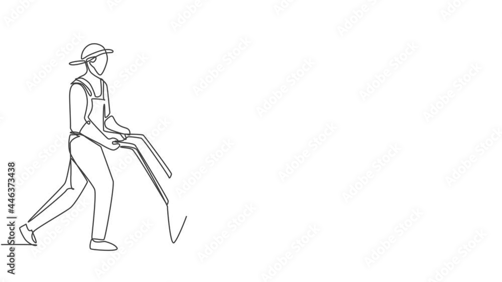 Self drawing animation of single one line draw male farmer pushes wheelbarrow trolley filled with fruits. A successful harvest activity minimalist concept. Continuous line draw. Full length animated. Self drawing animation of single one line draw male farmer pushes wheelbarrow trolley filled with fruits. A successful harvest activity minimalist concept. Continuous line draw. Full length animated.