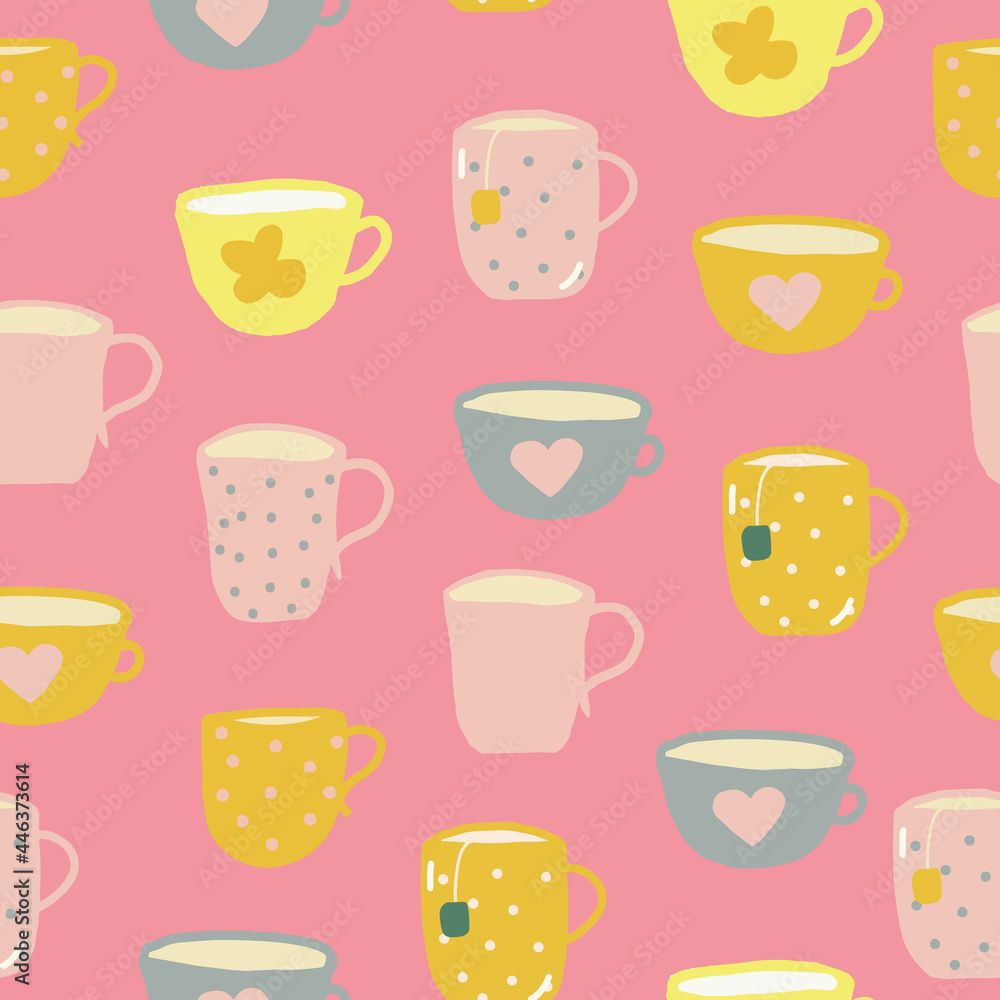 cups seamless pattern. hand drawn doodle. vector, cartoon, minimalism. trending colors 2021. wallpaper, wrapping, textiles, banner. kitchen, tea, coffee, drinks, tablecloth, cafe.