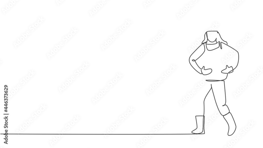 Animated self drawing of single continuous line draw young female farmer carrying a basket full of fruit with her hands in front of her chest. Minimalism concept. Full length one line animation. Animated self drawing of single continuous line draw young female farmer carrying a basket full of fruit with her hands in front of her chest. Minimalism concept. Full length one line animation.