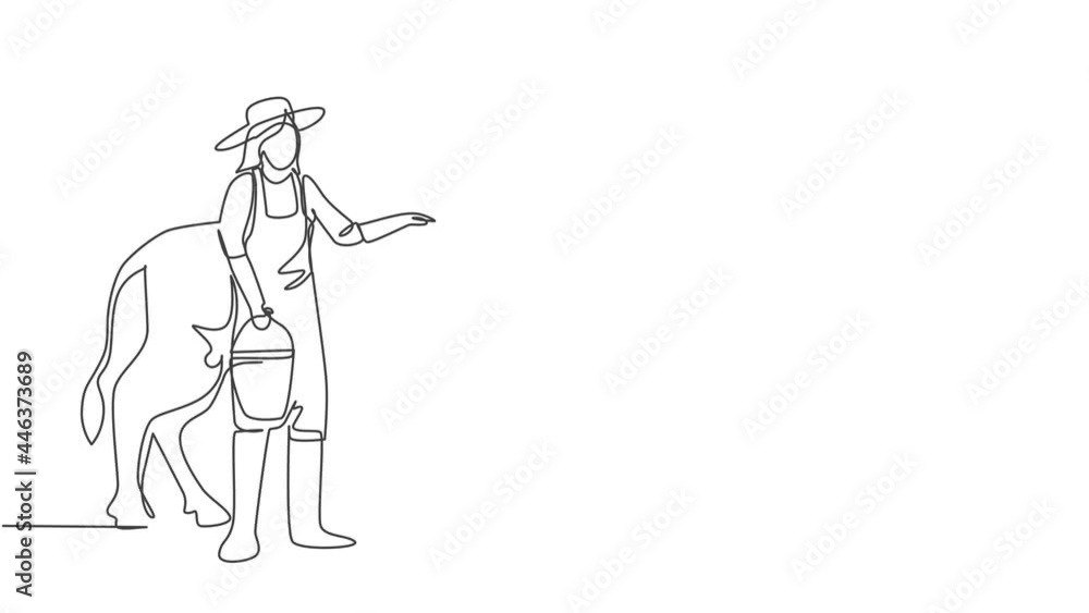 Self drawing animation of single one line draw young female farmer rubbing the cow while carrying a bucket of water. Farming challenge minimal concept. Continuous line draw. Full length animated. Self drawing animation of single one line draw young female farmer rubbing the cow while carrying a bucket of water. Farming challenge minimal concept. Continuous line draw. Full length animated.