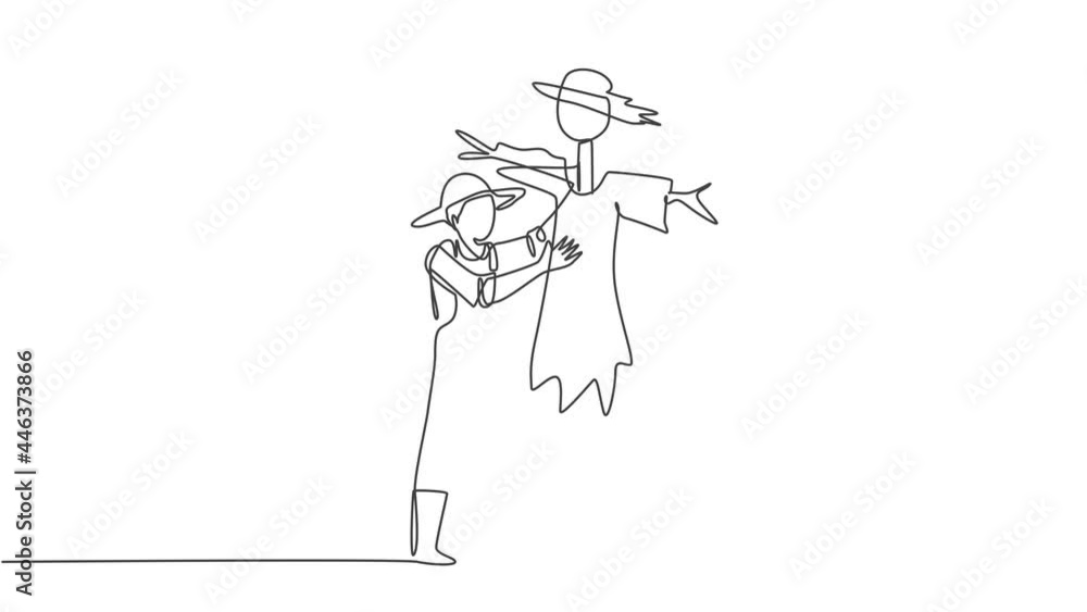 Animated self drawing of continuous one line draw a young male farmer in a straw hat is putting up a scarecrow to keep out pests of birds. Farming minimalist concept. Full length single line animation Animated self drawing of continuous one line draw a young male farmer in a straw hat is putting up a scarecrow to keep out pests of birds. Farming minimalist concept. Full length single line animation