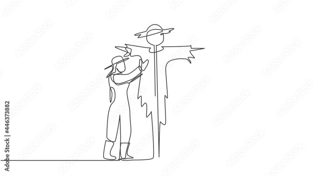 Self drawing animation of single one line draw young couple farmer is installing a scarecrow to ward off pest birds. Farming challenge minimal concept. Continuous line draw. Full length animated. Self drawing animation of single one line draw young couple farmer is installing a scarecrow to ward off pest birds. Farming challenge minimal concept. Continuous line draw. Full length animated.