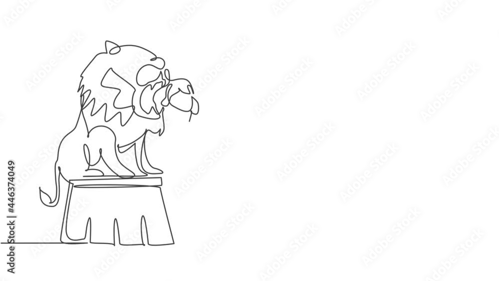 Self drawing animation of single one line draw a lion stands on a circus chair while following the instructions of his trainer. A very thrilling circus show. Continuous line draw. Full length animated Self drawing animation of single one line draw a lion stands on a circus chair while following the instructions of his trainer. A very thrilling circus show. Continuous line draw. Full length animated