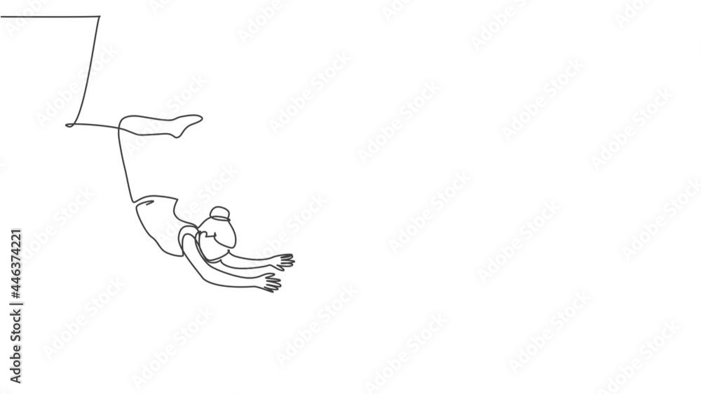 Animated self drawing of continuous one line draw a female acrobat performs on the trapeze with her legs hanging and head down while swinging her hand. Brave, agile. Full length single line animation. Animated self drawing of continuous one line draw a female acrobat performs on the trapeze with her legs hanging and head down while swinging her hand. Brave, agile. Full length single line animation.