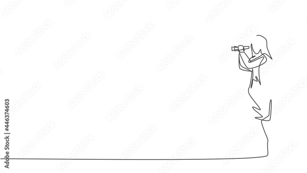 Animated self drawing of continuous one line draw young female worker monitoring stock market with binocular. Success business manager. Metaphor minimalist concept. Full length single line animation. Animated self drawing of continuous one line draw young female worker monitoring stock market with binocular. Success business manager. Metaphor minimalist concept. Full length single line animation.