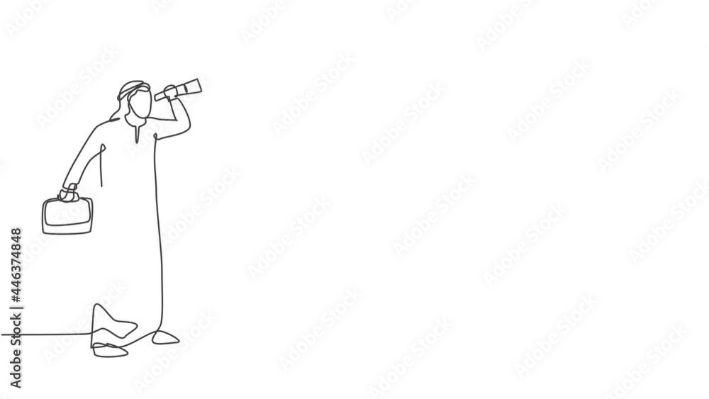 Animated self drawing of single continuous line draw young Arab business man forecast market using monocular. Professional forecaster. Minimalism metaphor concept. Full length one line animation. Animated self drawing of single continuous line draw young Arab business man forecast market using monocular. Professional forecaster. Minimalism metaphor concept. Full length one line animation.