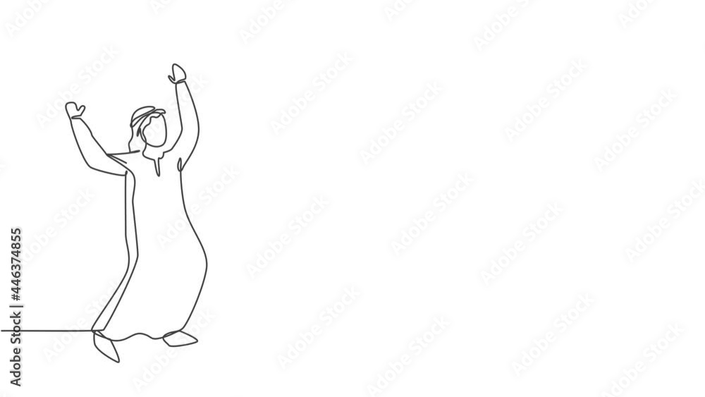Animated self drawing of single continuous line draw young happy Arab business man celebrate his growth company. Business achievement. Minimalism metaphor concept. Full length one line animation. Animated self drawing of single continuous line draw young happy Arab business man celebrate his growth company. Business achievement. Minimalism metaphor concept. Full length one line animation.