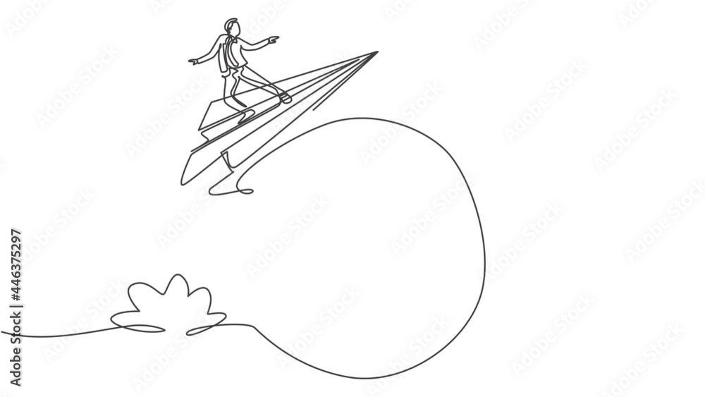 Self drawing animation of single one line draw young smart business man ...