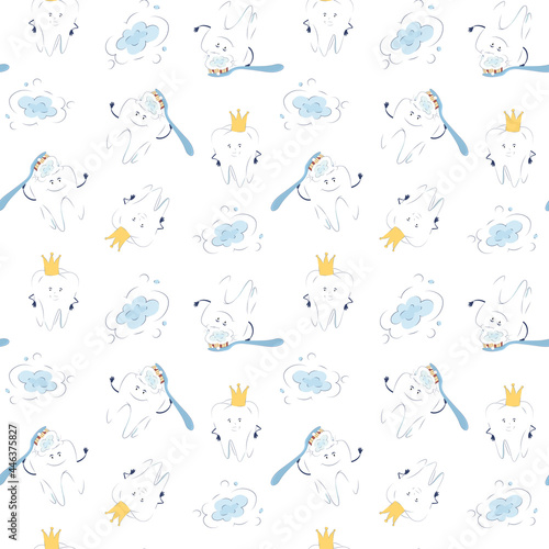 Seamless pattern with cute teeth on a white background. Vector endless texture with teeth and toothbrushes