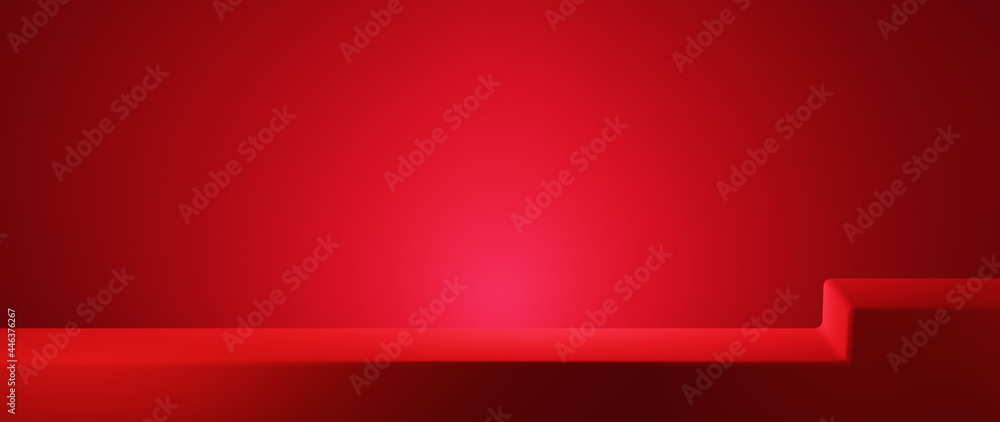 3D rendering of The scene for displaying products in the red room background. For show product. Blank scene showcase mockup. 3D rendering of The scene for displaying products in the red room background. For show product. Blank scene showcase mockup.