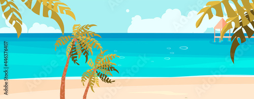 Sea coast panoramic landscape with sand beach and palm trees