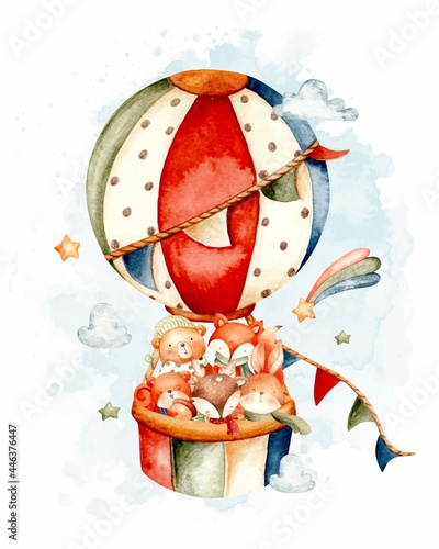 Watercolor baby animals flying with hot air balloon