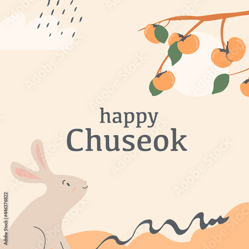 A persimmon tree brunch with fruits and rabbit looking at full moon. Greeting card for thanksgiving day in Korea. Korean traditional harvesting holiday. Happy Chuseok translation in english. Vector.
