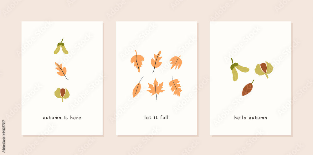 Set of autumn mood modern greeting card template with oak leaf, maple seed, chestnut, pine cone and forest plants. Trendy poster. Fall season nature minimal wall art. Vector illustration in flat style