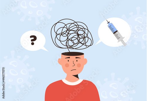 A male person confuse. Man thinking about Covid-19 Vaccination. Considering Coronavirus Vaccine. Injection shot and question mark. Vector illustration in flat style.