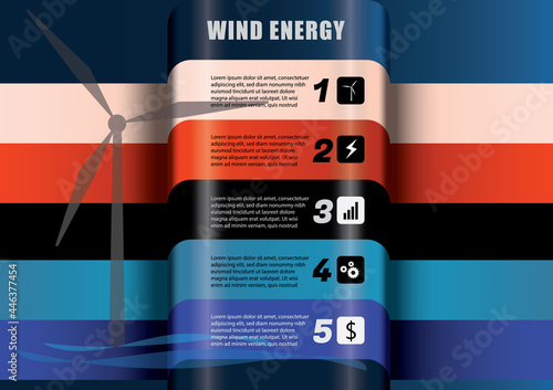 Abstract 3D wind energy power infographics. Renewable energy from wind turbines presentation. Vector and illustration design.