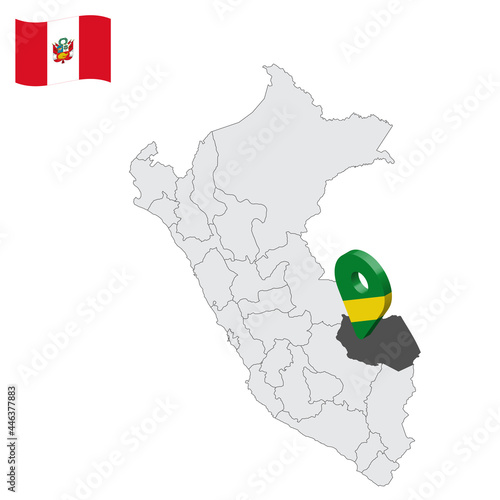 Location Department of Madre de Dios on map Peru. 3d location sign similar to the flag of Madre de Dios. Quality map  with  provinces Republic of Peru for your design. EPS10