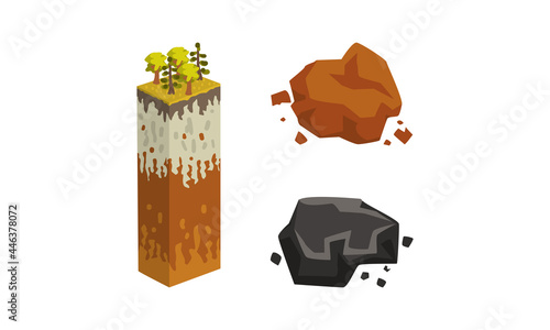 Geological Symbols Set, Stratigraphic Columns with Cut of Soil Set, Black and Brown Mineral Stones Cartoon Vector Illustration