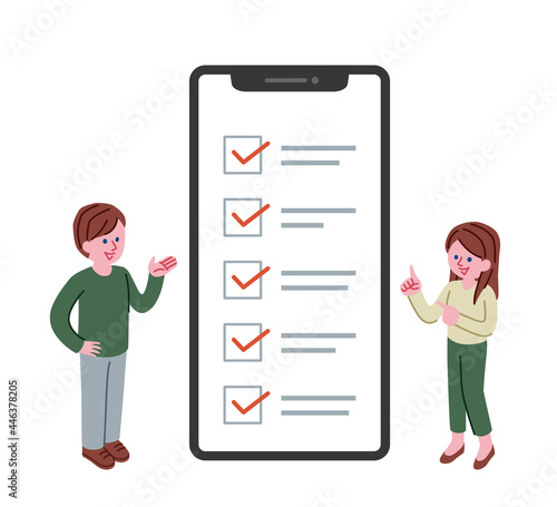 スマホのチェックリストを案内する男女のイラスト