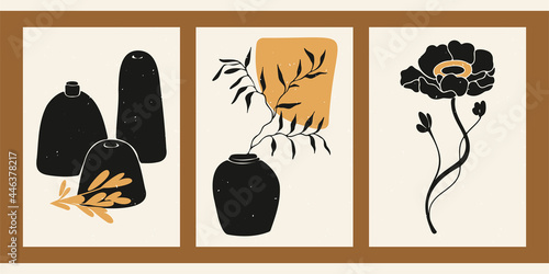 A set of three abstract minimalist aesthetic floral illustrations. Black silhouettes of plants on a light background. Modern monochrome vector posters for social media, web design in vintage style.